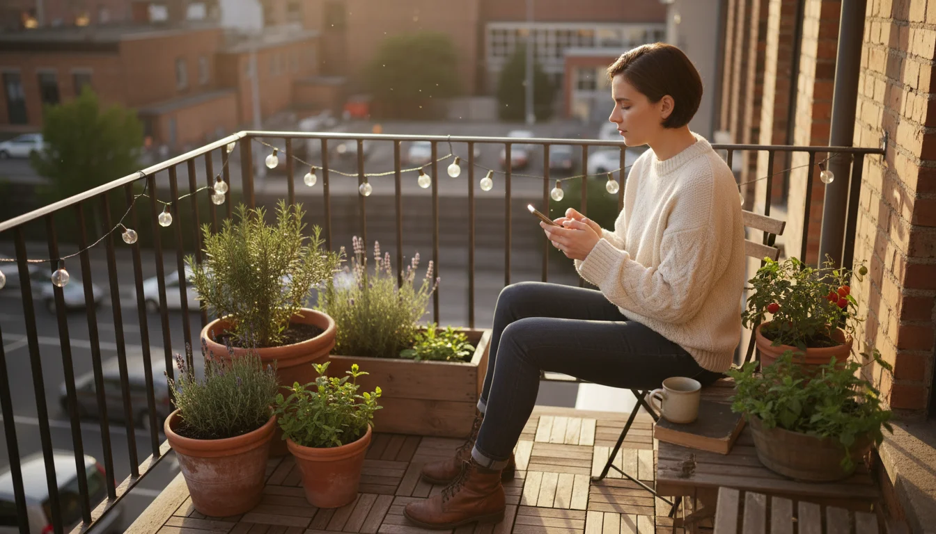 A person in a fall sweater checks their smartphone while contemplating small greens in patio containers.