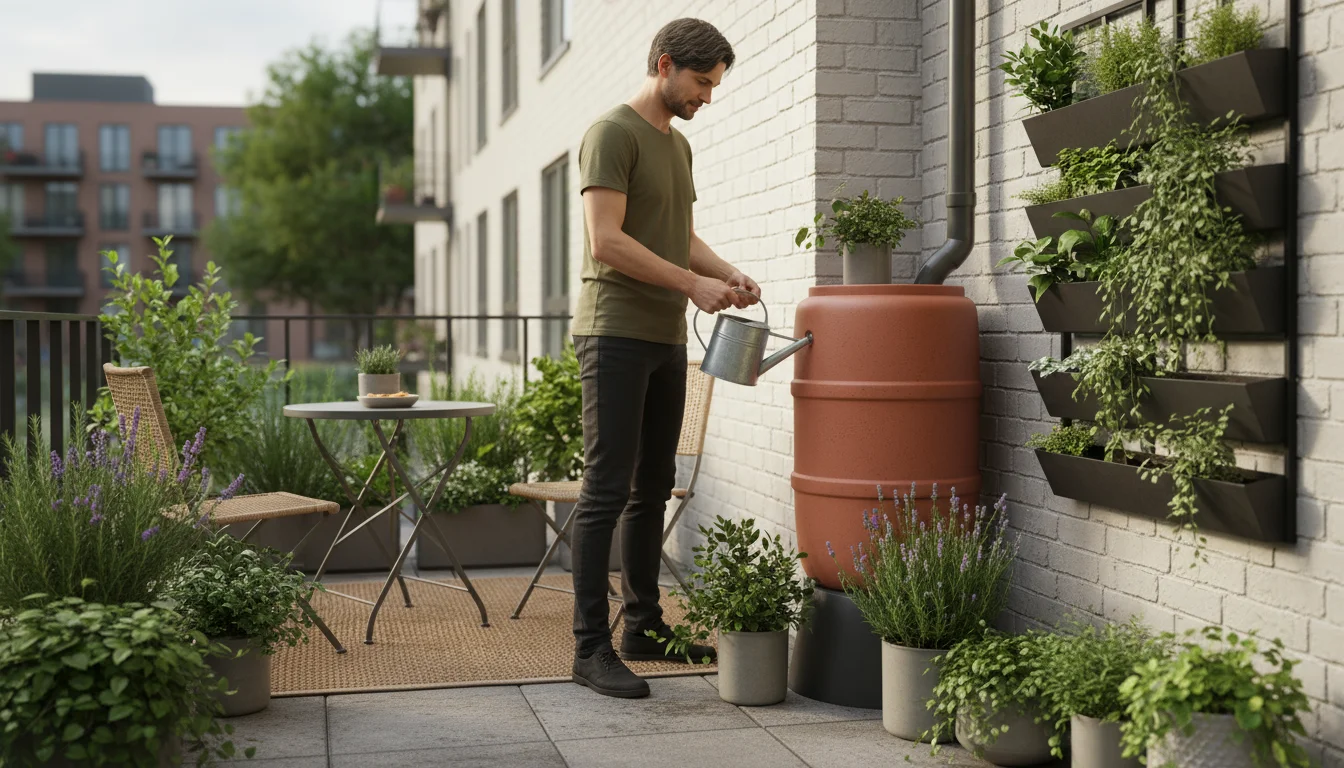 A person fills a metal watering can from a rain barrel on a small patio, surrounded by lush container plants with subtle drip irrigation lines.