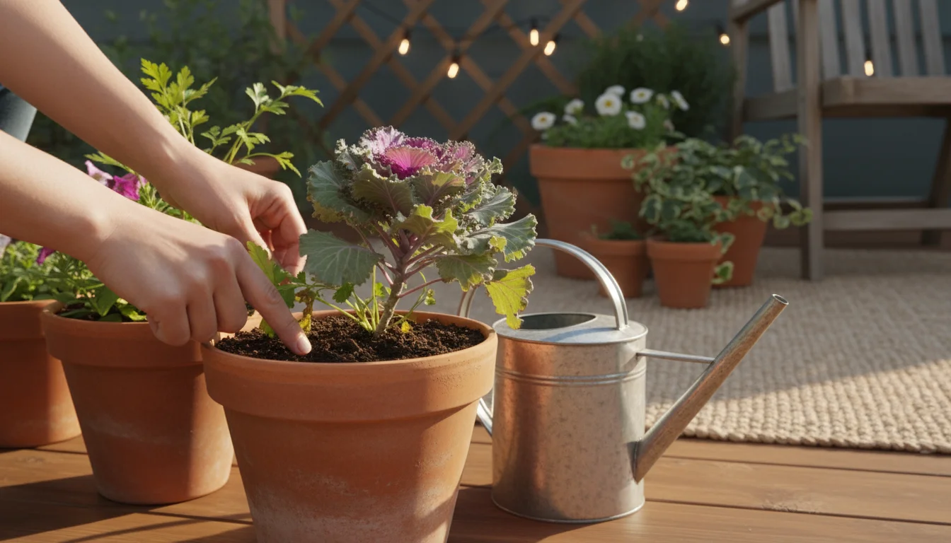 A person's finger gently checks the soil moisture of a container plant in a terracotta pot on a balcony.