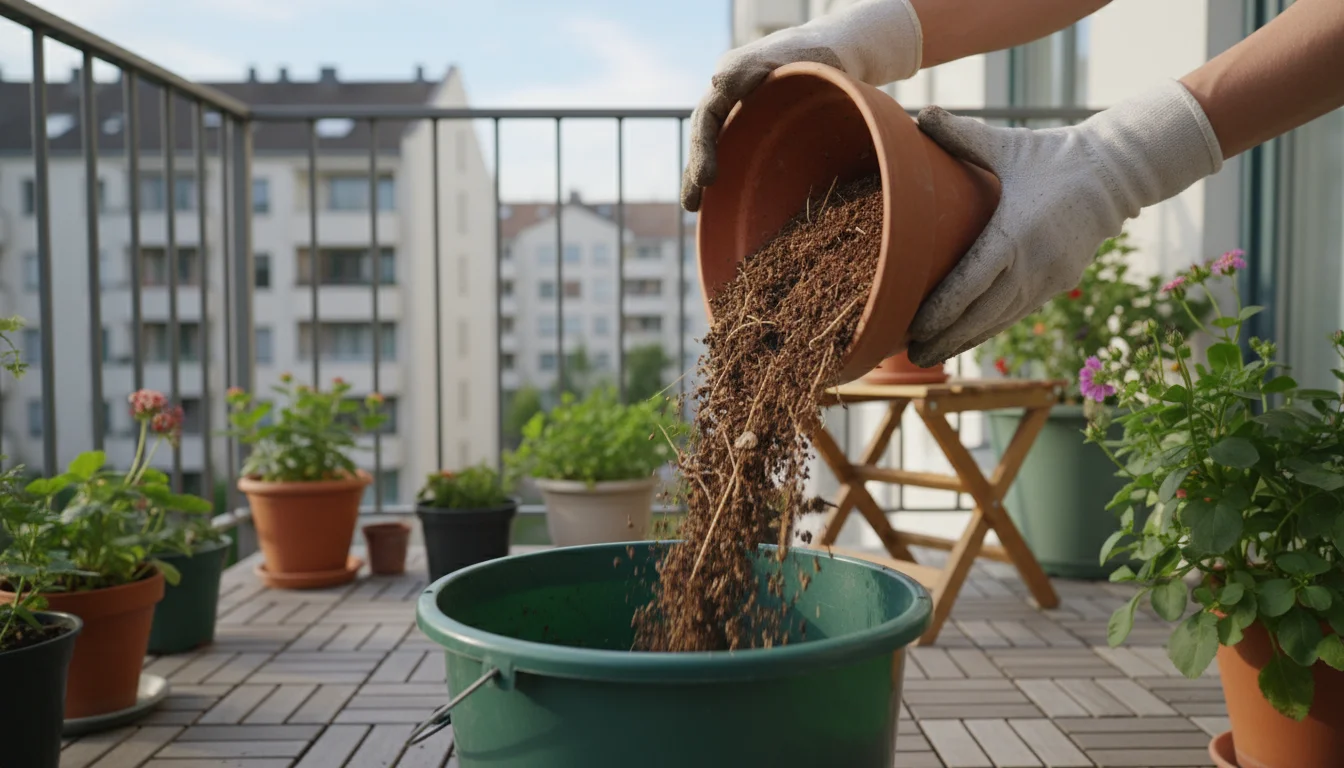 Person in gardening gloves emptying soil and plant roots from a terracotta pot into a bucket on a small balcony.