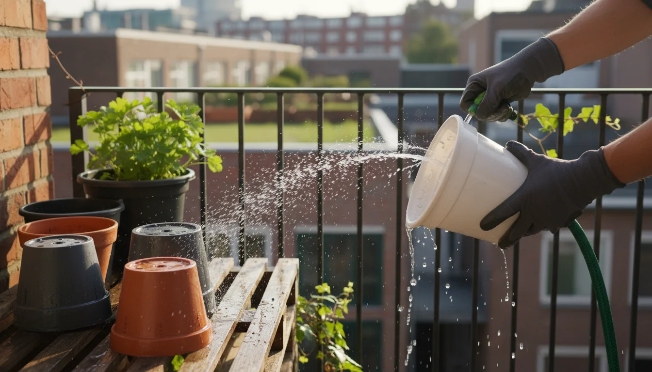 A person in gardening gloves rinses an empty plastic pot with a hose on a balcony, surrounded by drying pots.