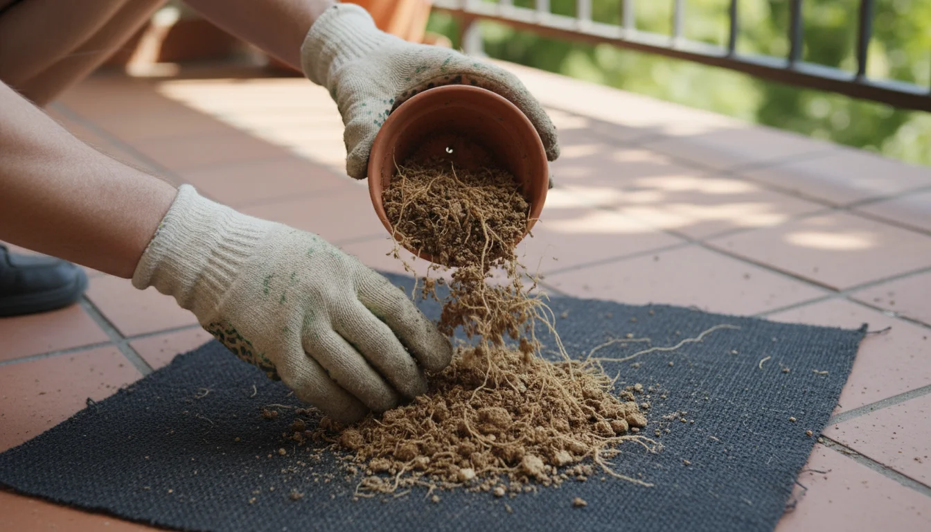 A person's gloved hands empty old, clumpy potting soil from a weathered terracotta pot onto a tarp on a balcony.