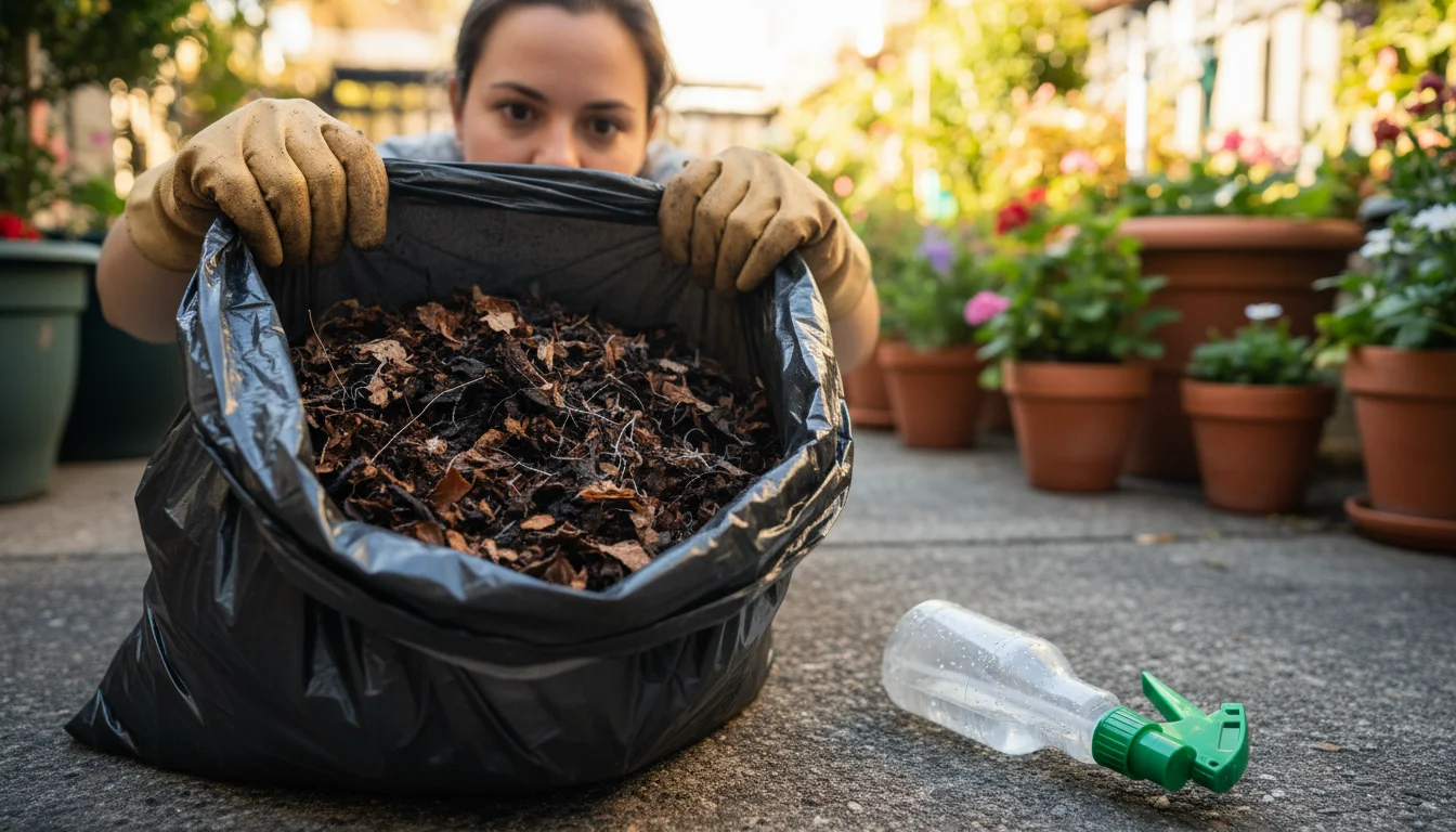 Person's gloved hands inspect decomposing leaves in a large black trash bag on an urban patio. A spray bottle suggests moisture adjustment.
