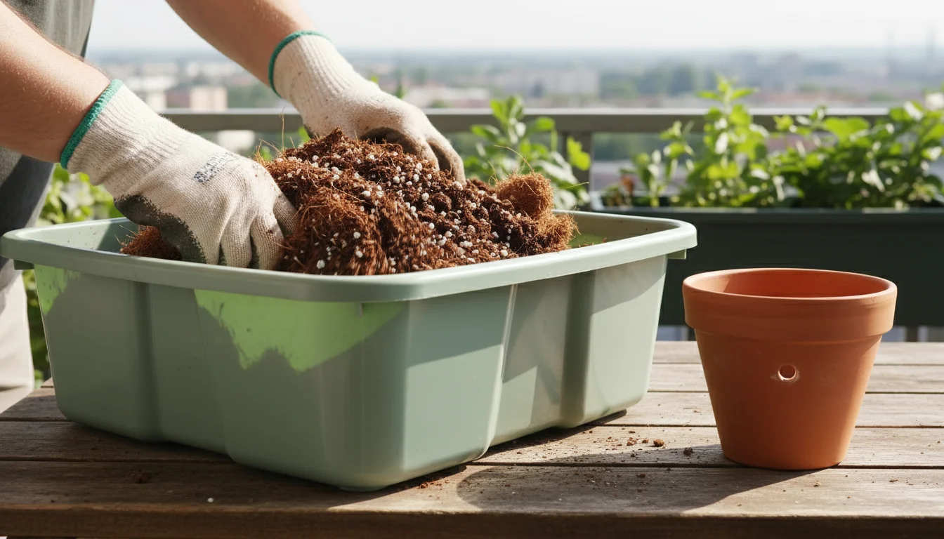 A person's gloved hands mixing coco coir, perlite, and compost in a large mixing tub on a wooden table. A terracotta pot is next to it.