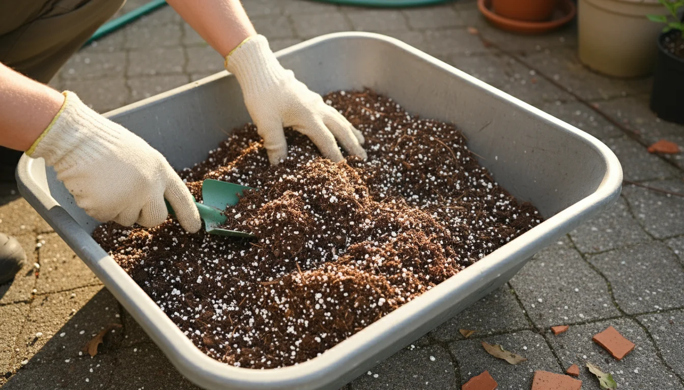 A person's gloved hands mixing dark potting soil with white perlite in a plastic trug on a paved patio.