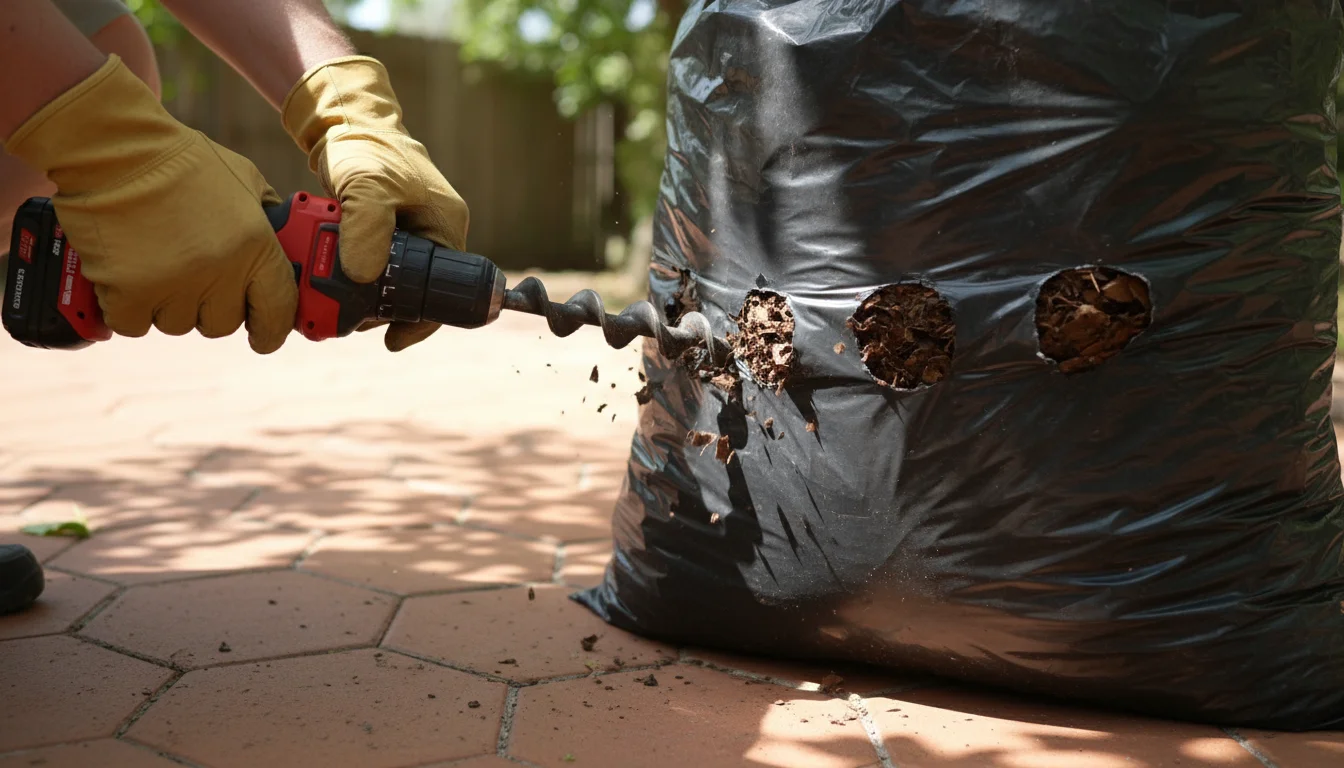 A person in gloves drills new ventilation holes into a black leaf bag sitting on a warm-toned patio.
