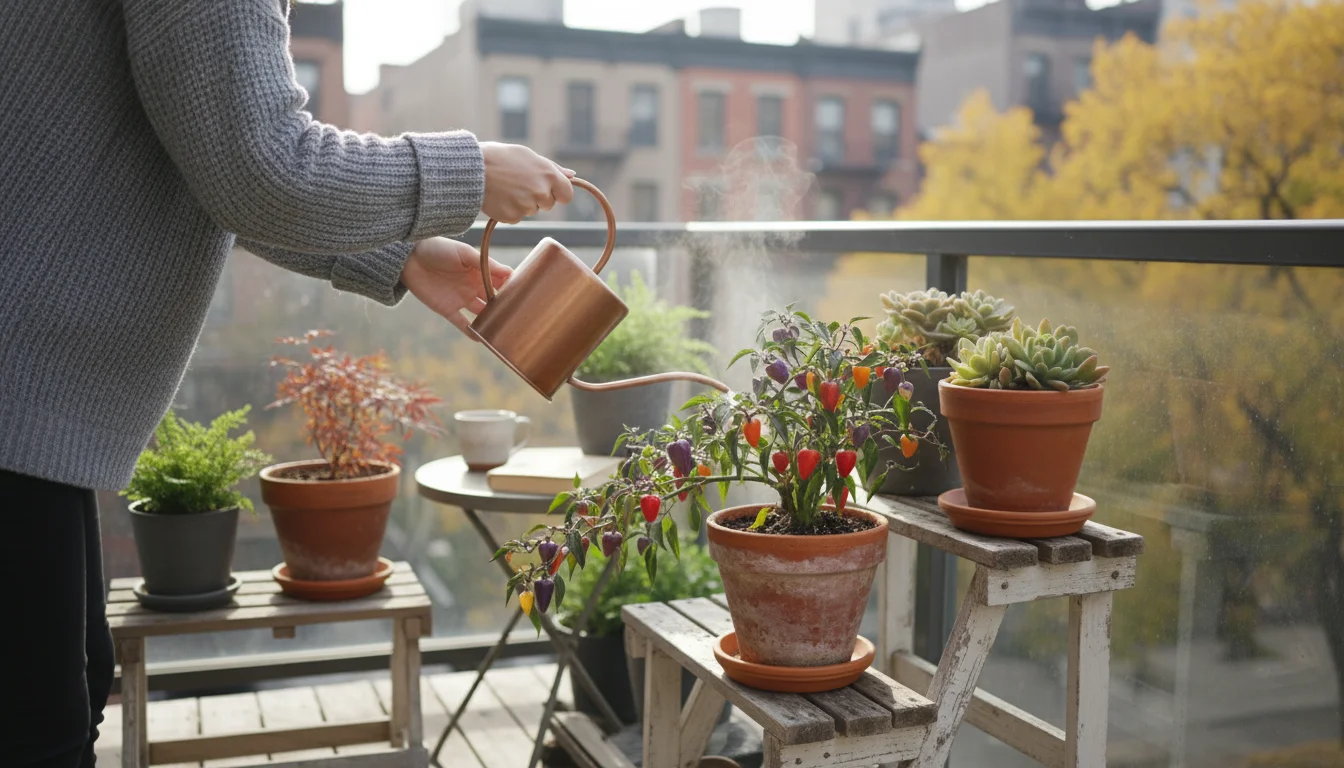 Person in a gray sweater waters a terracotta pot with a trailing pepper plant on an urban balcony at dawn, soft light catching plant moisture.