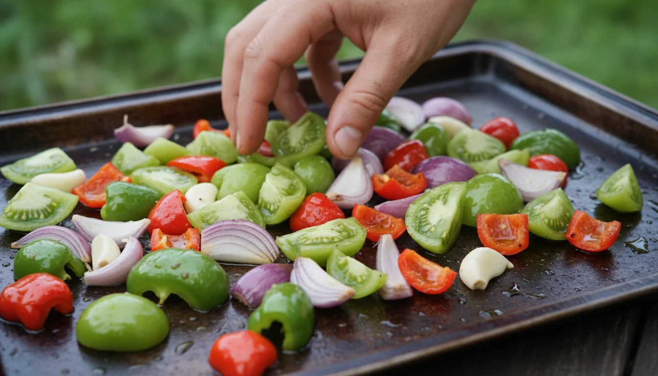 A person's hand arranging chopped green tomatoes, peppers, onions, and garlic on a baking sheet for roasting.