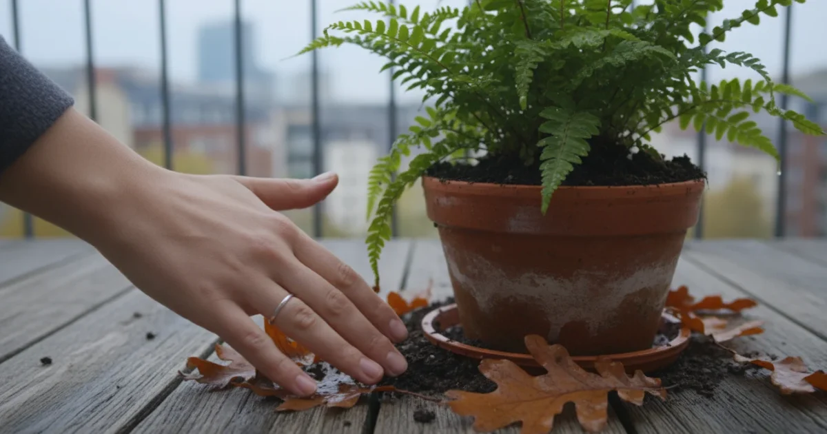 Person's hand checking damp soil of a potted plant on a balcony with autumn leaves.