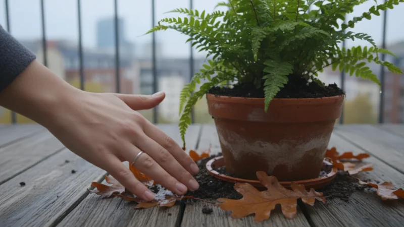 Person's hand checking damp soil of a potted plant on a balcony with autumn leaves.