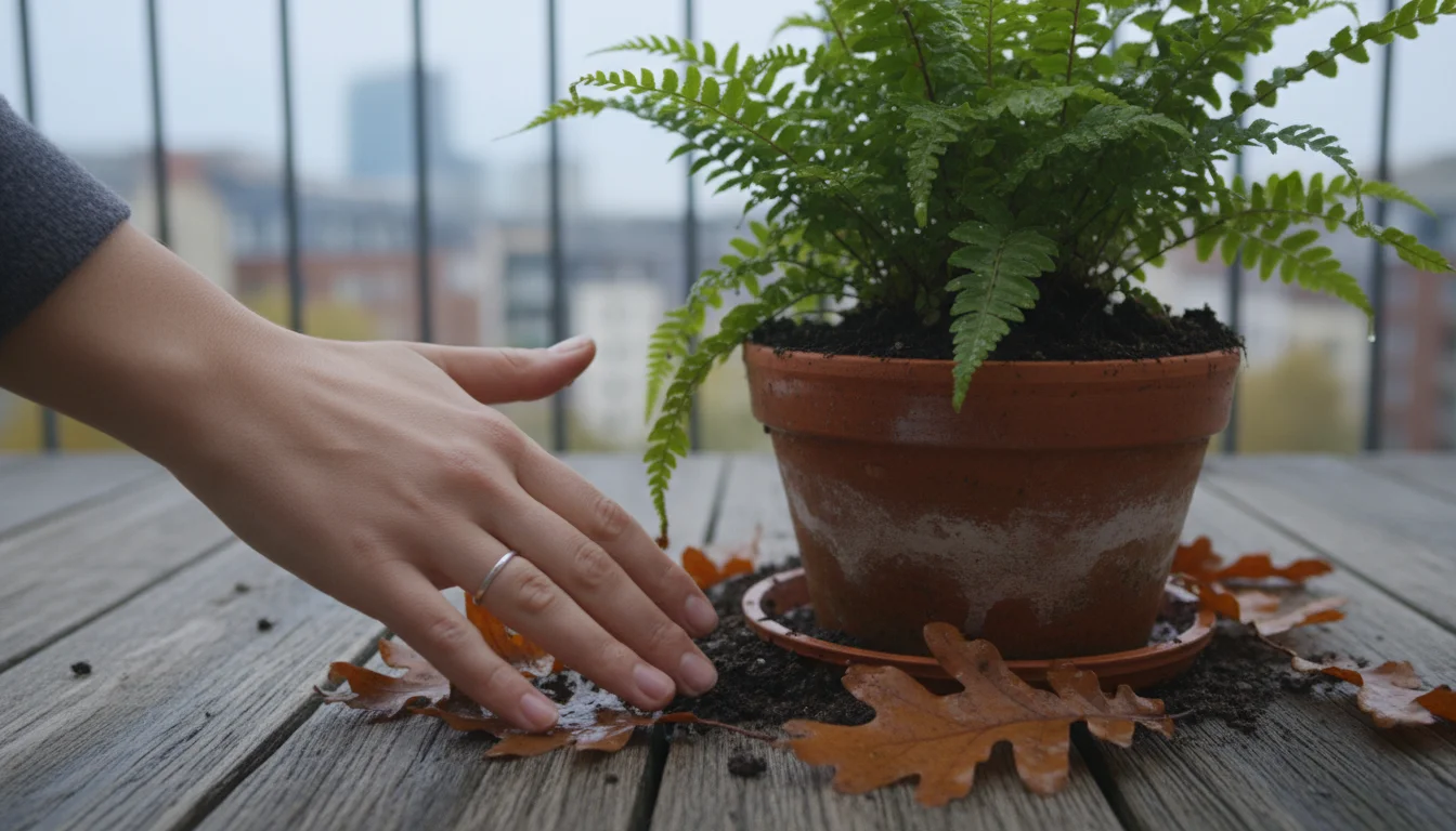 Person's hand checking damp soil of a potted plant on a balcony with autumn leaves.