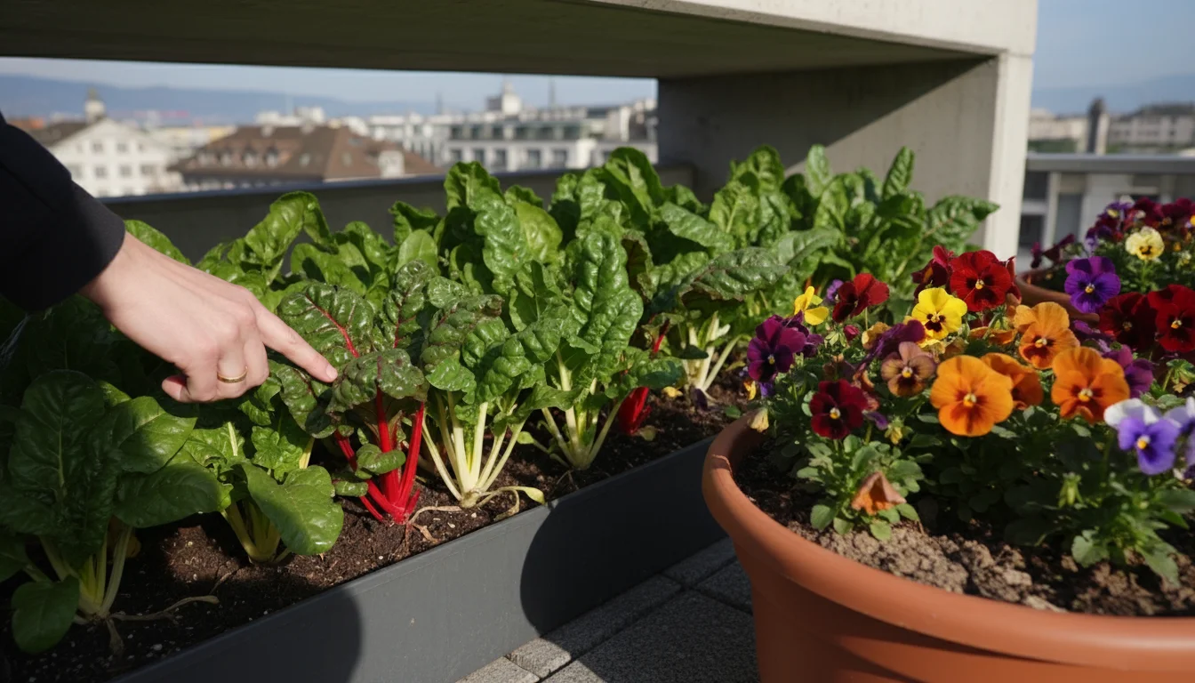 Person's hand checking soil moisture of dense Swiss chard in a shaded pot, next to sun-exposed pansies on an urban patio.