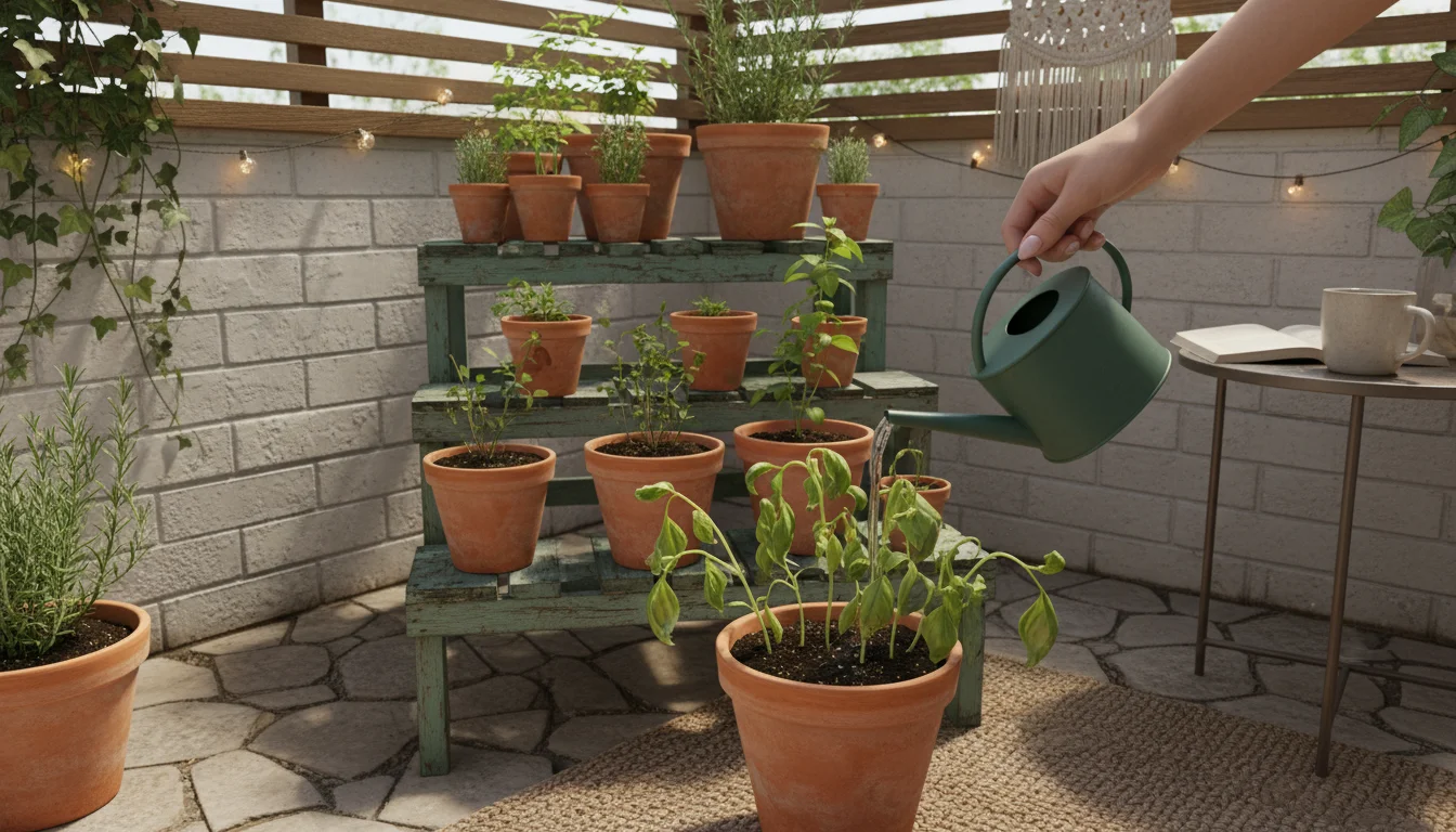 A person's hand lifts a plastic bag from wilting basil cuttings in a terracotta pot on a patio plant stand.