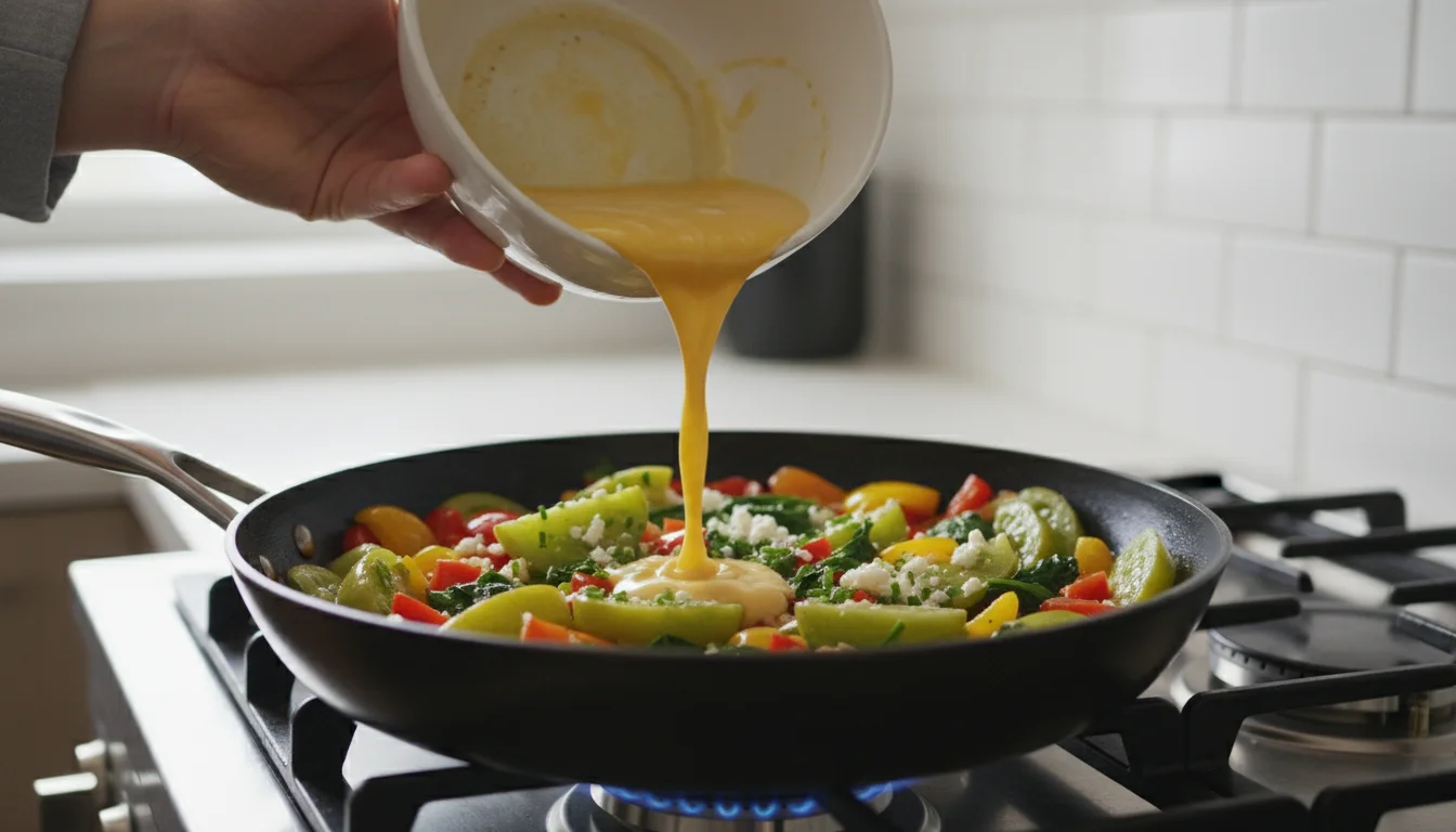 A person's hand pours frothy yellow egg mixture from a white bowl into an 8-inch skillet filled with sautéed green tomatoes, peppers, and spinach on a