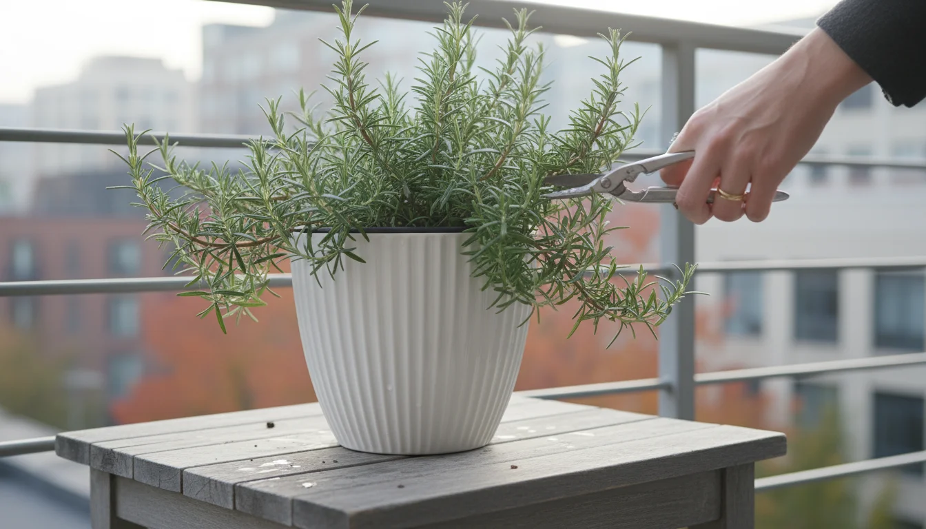 A person's hand carefully pours water into the side reservoir of a white self-watering pot with a green herb on an urban balcony table, under soft aut