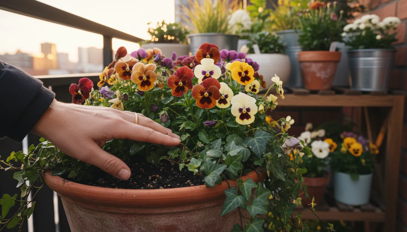 A person's hand with a ring checks the soil moisture in a terracotta pot with fall pansies and ivy on a balcony.