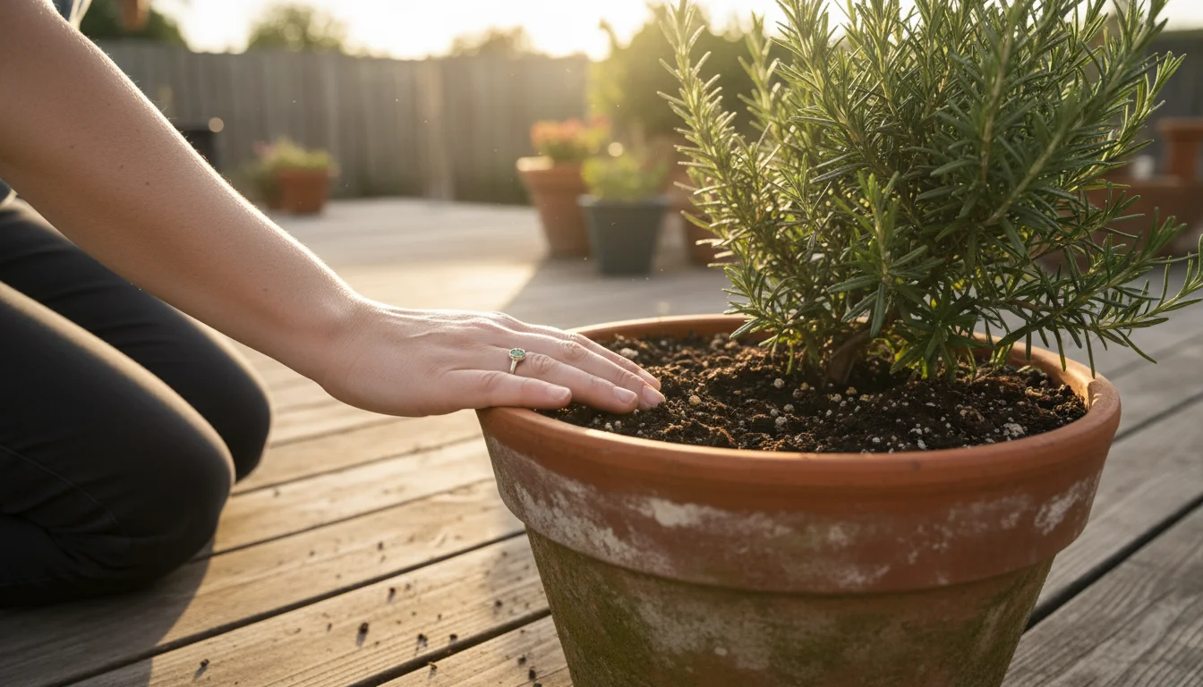 A person's hand tests the moisture of potting soil in a terracotta pot with healthy rosemary, on a sun-dappled wooden patio.