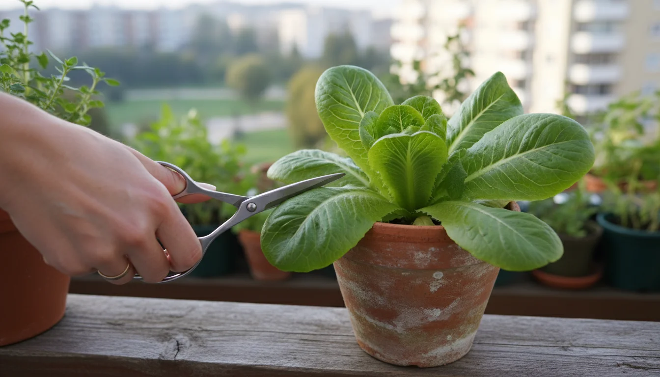 A person's hand uses small shears to cut an outer leaf of vibrant green lettuce from a terracotta pot on a wooden balcony rail.