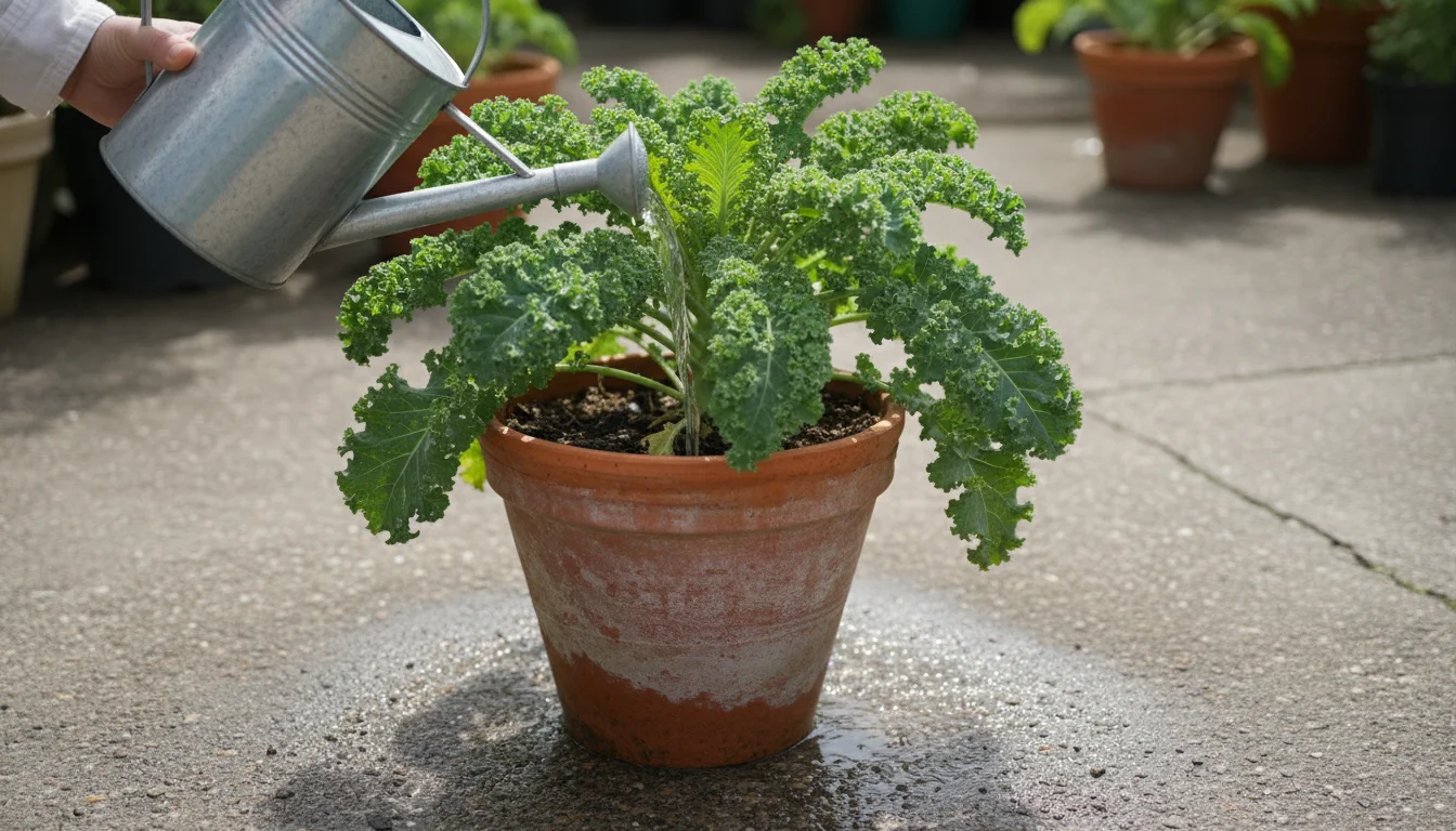 Person's hand carefully watering a healthy green kale plant in a terracotta pot on a concrete patio, directing water to the soil.