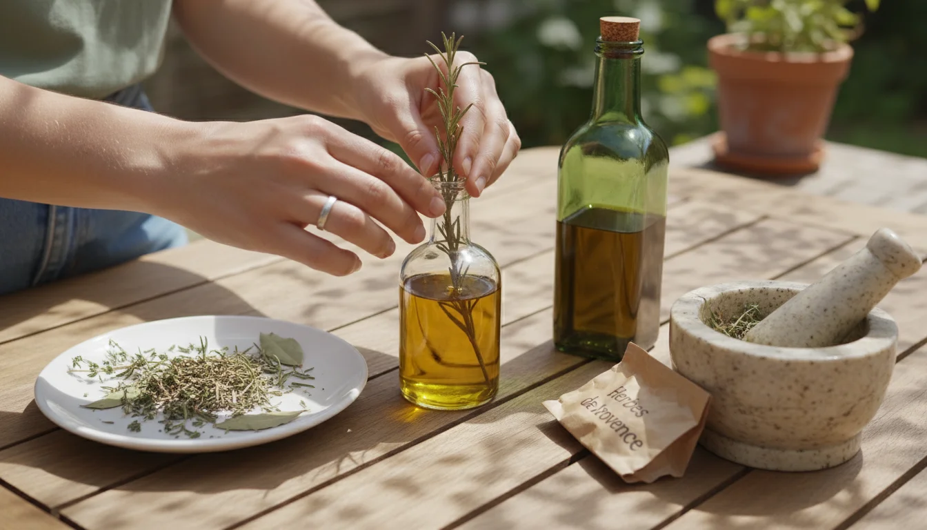 Person's hands adding dried rosemary and thyme sprigs into a glass bottle of olive oil on a wooden patio table.
