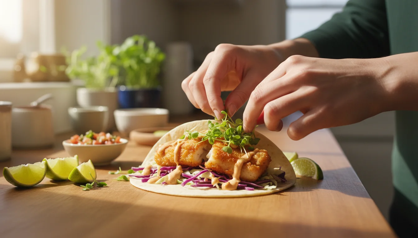 Person's hands adding vibrant green wasabi mustard microgreens to a colorful fish taco on a kitchen counter, with a small tray of microgreens in the b