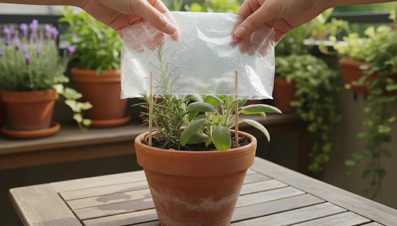Person's hands covering a terracotta pot of herb cuttings with a clear plastic bag on a sunlit patio table.