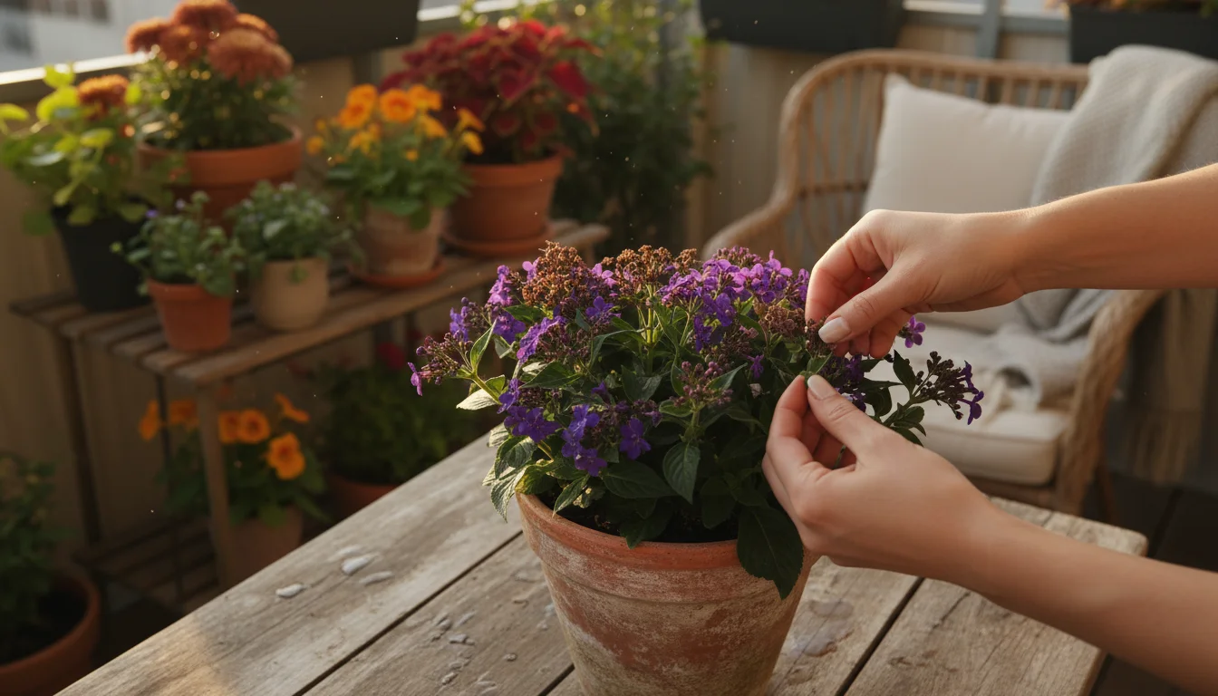 A person's hands gently deadheading a purple heliotrope plant in a terracotta pot on a small patio table.