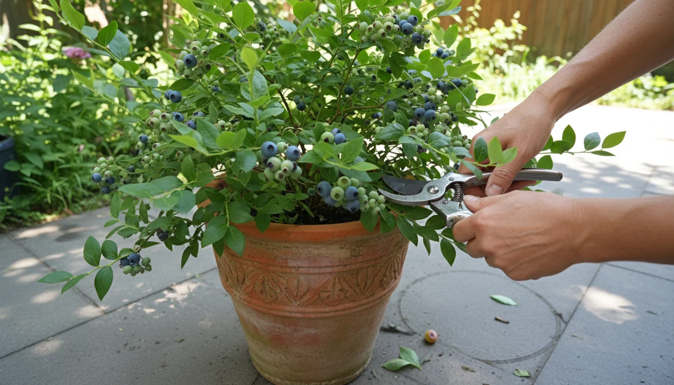 A person's hands delicately prune a vibrant blueberry bush in a terracotta pot on a sunlit patio, using small gardening shears.