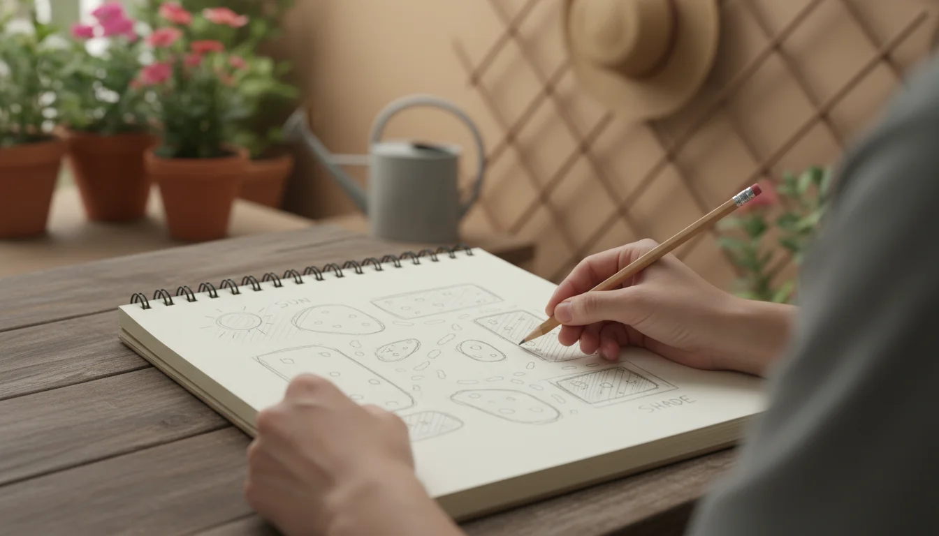 Person's hands drawing a simple garden map on paper with pencil, showing sun and shade areas on a small balcony.