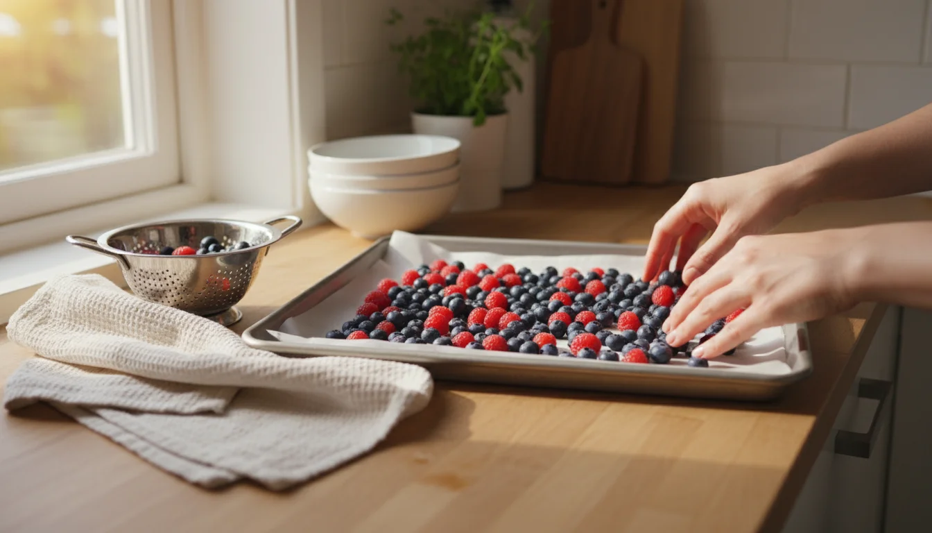 A person's hands evenly spread washed blueberries and raspberries on a baking sheet on a kitchen counter, preparing them for freezing.
