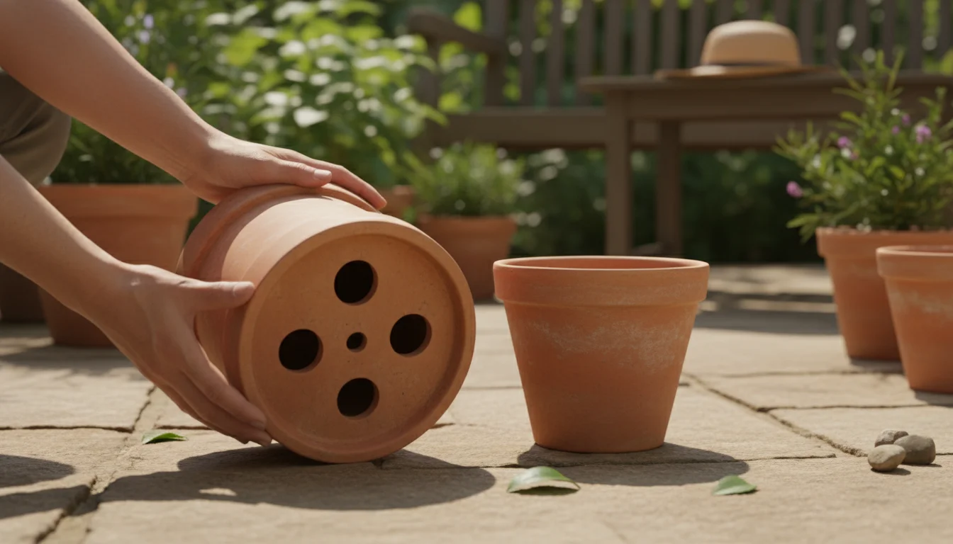 A person's hands examine an empty terracotta pot on a patio, revealing multiple drainage holes at its base.