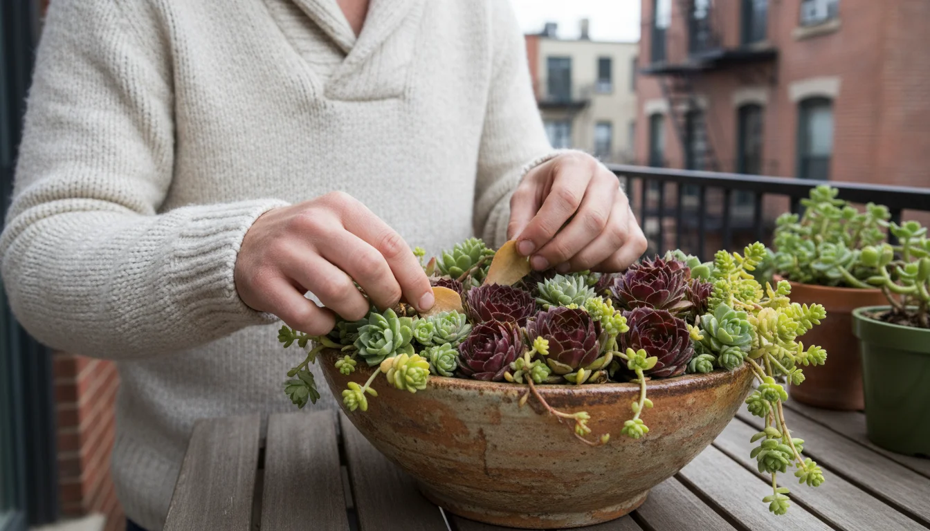 A person's hands gently inspect a container of sempervivums and sedums on an urban balcony, revealing a subtly mushy leaf.