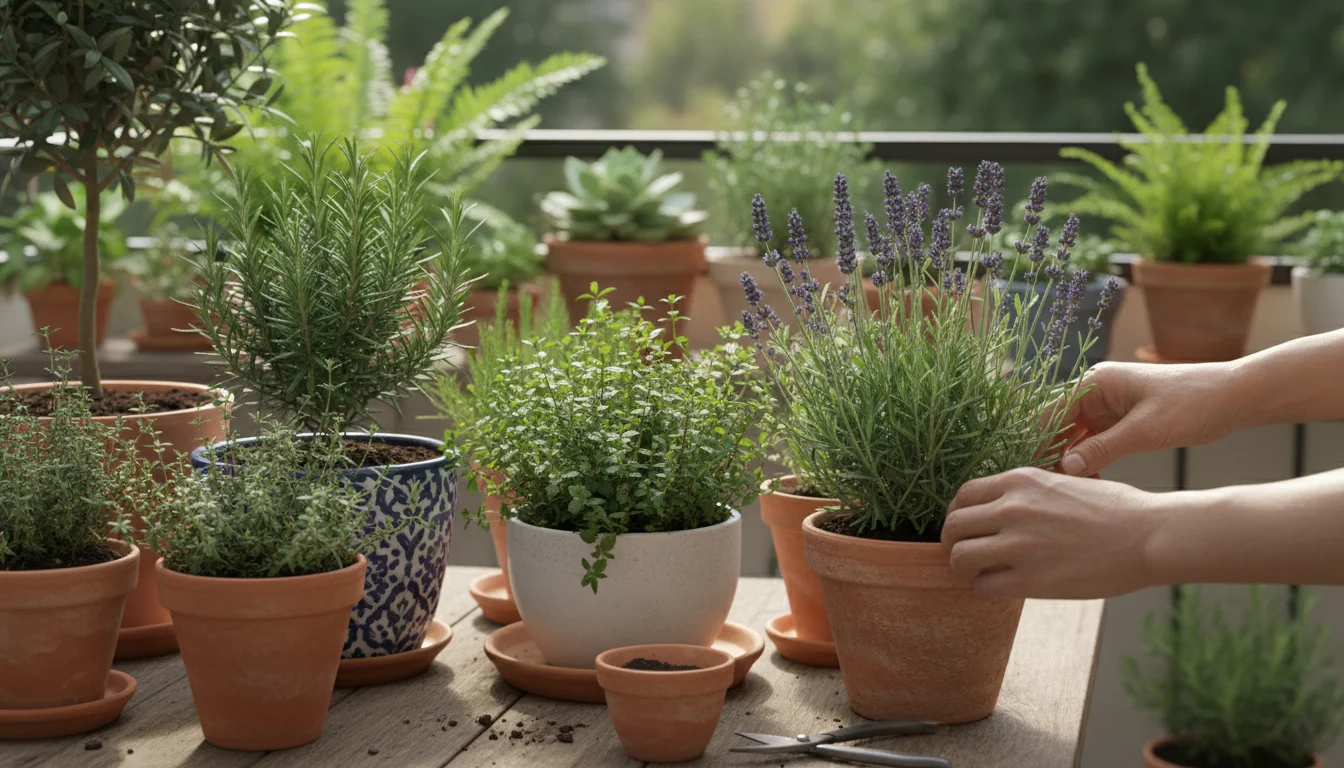 A person's hands gently inspect non-flowering lavender stems among other potted herbs (rosemary, mint, thyme) on a balcony.