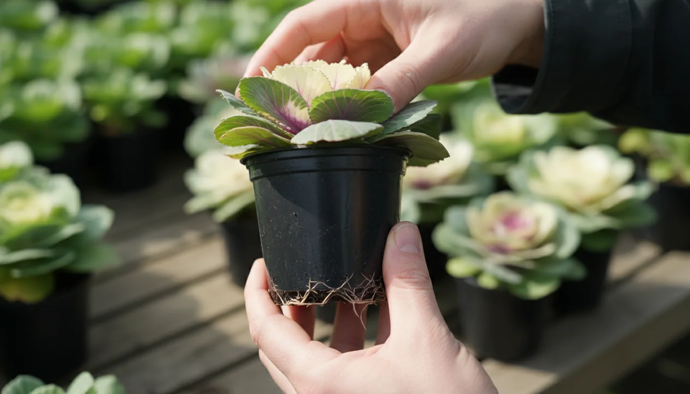 A person's hands carefully inspecting the healthy white roots of a vibrant ornamental cabbage plant, gently pulled from its nursery pot.