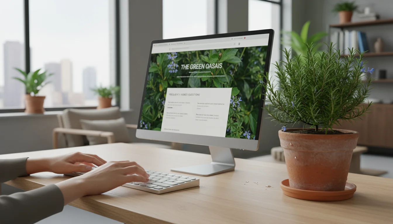 Person's hands on a laptop keyboard displaying a gardening FAQ page, with a small rosemary plant and journal on a sunlit desk.