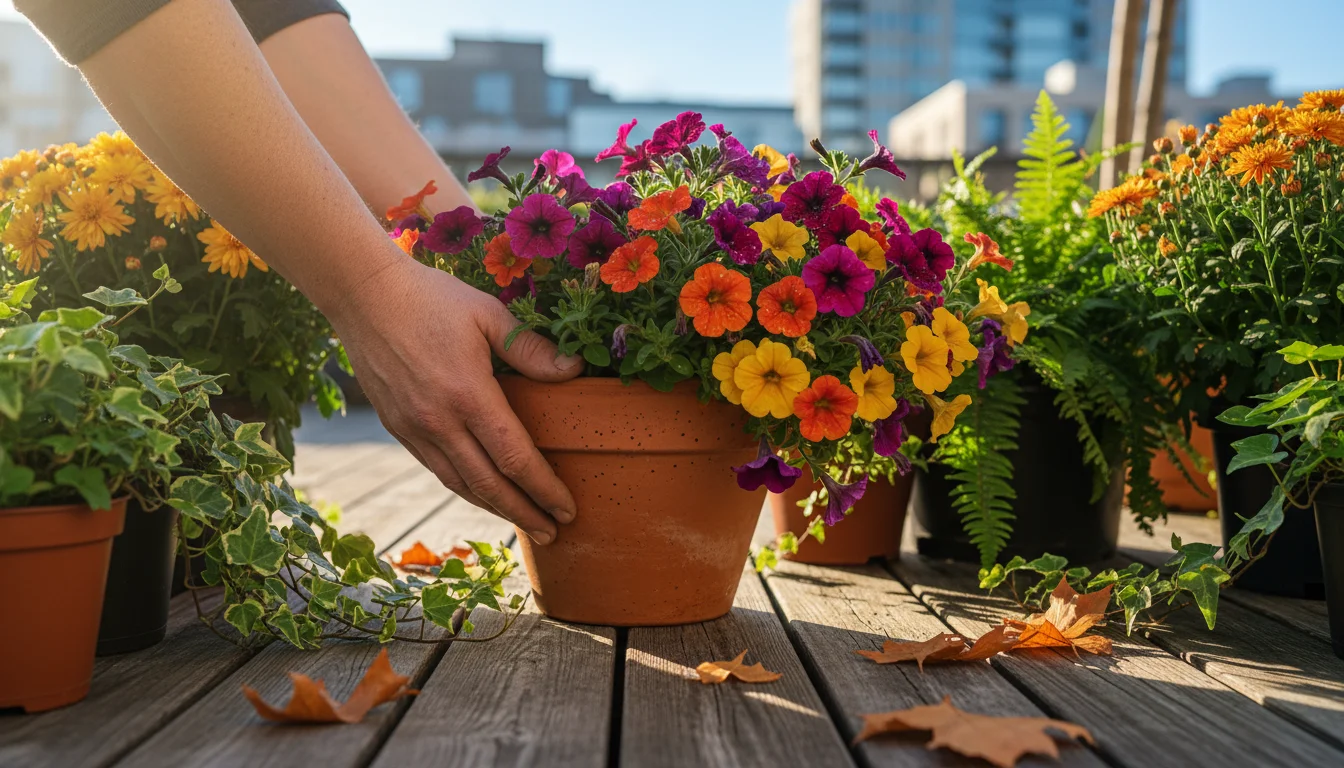 A person's hands gently lift a terracotta pot filled with vibrant calibrachoa on a sunny patio, checking its weight for moisture. Other potted plants 