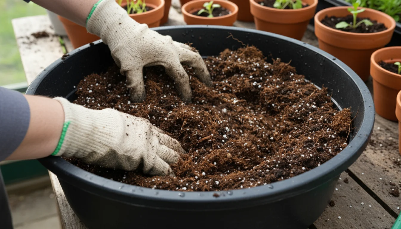 A person's hands are mixing dark potting soil with lighter compost in a large tub, showing a rich, textured blend.