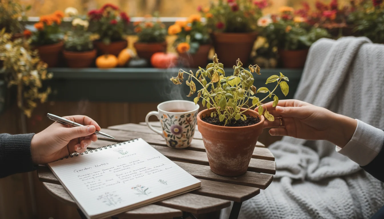 A person's hands, one holding a pen over a notebook, the other touching a wilting basil plant, on a balcony table.