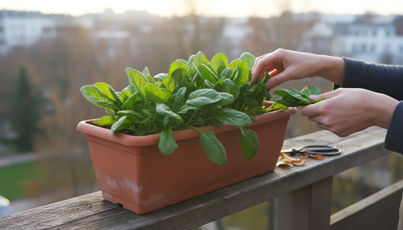 A person's hands gently pick vibrant green spinach leaves from a terracotta planter on a balcony railing, next to a basket of freshly harvested mixed 