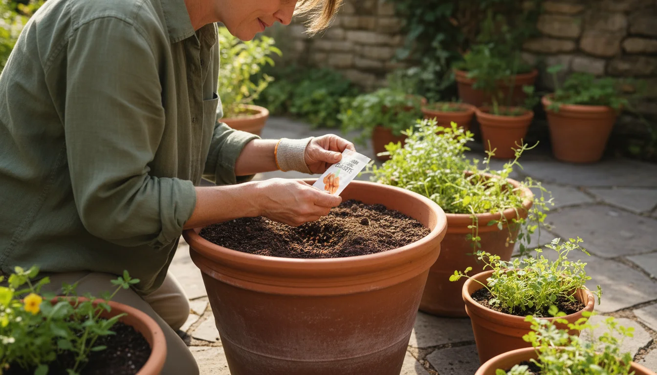 A person's hands gently place tiny carrot seeds into a deep terracotta pot on a sunny patio, with blurred greenery behind.
