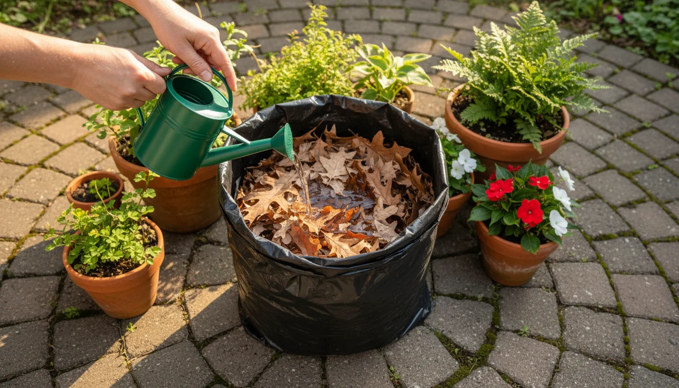 Person's hands pour water from a green watering can into a black bag filled with dry, undecomposed leaves on a patio.
