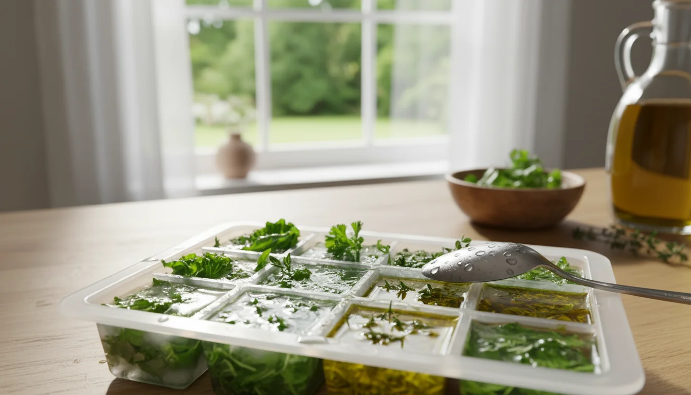 A person's hands pour water into an ice cube tray filled with chopped fresh herbs and olive oil on a bright counter.