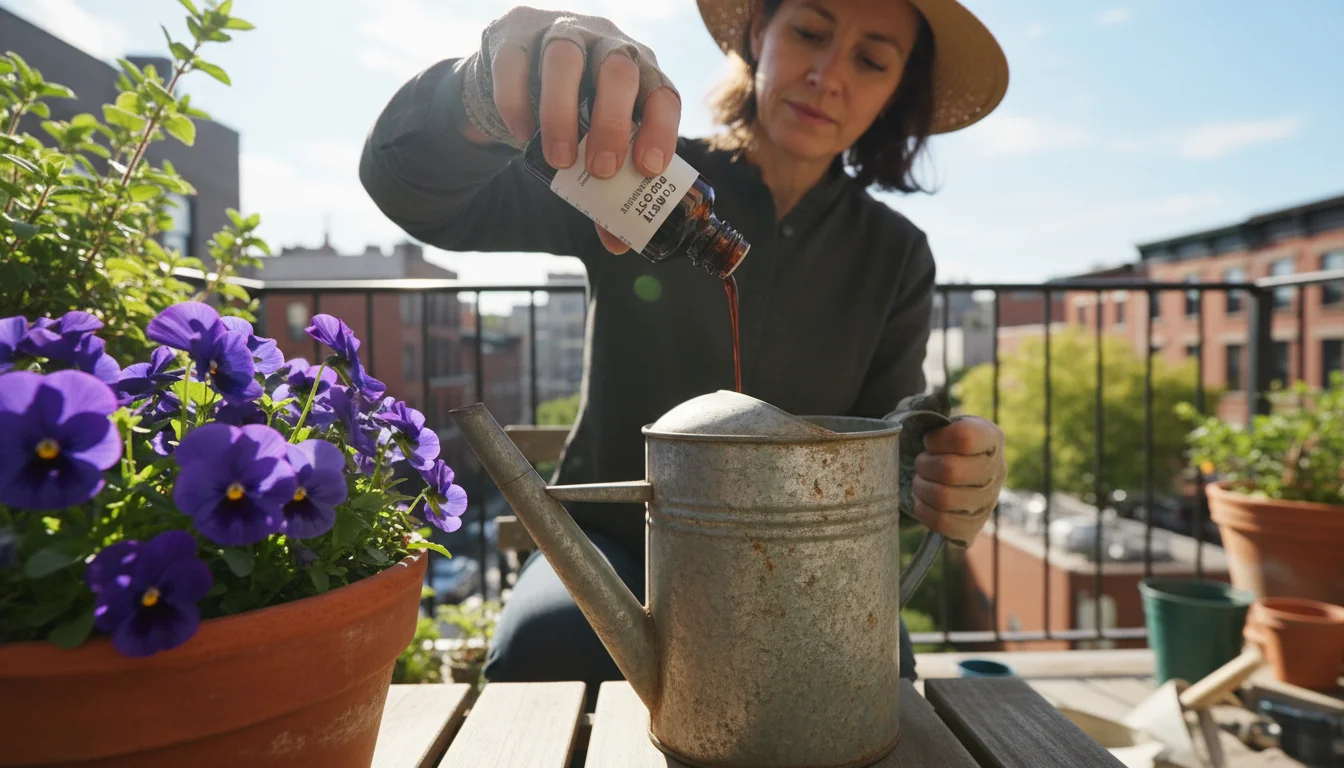 Person's hands carefully pouring liquid fertilizer into a watering can amidst fragrant fall container plants on a balcony.