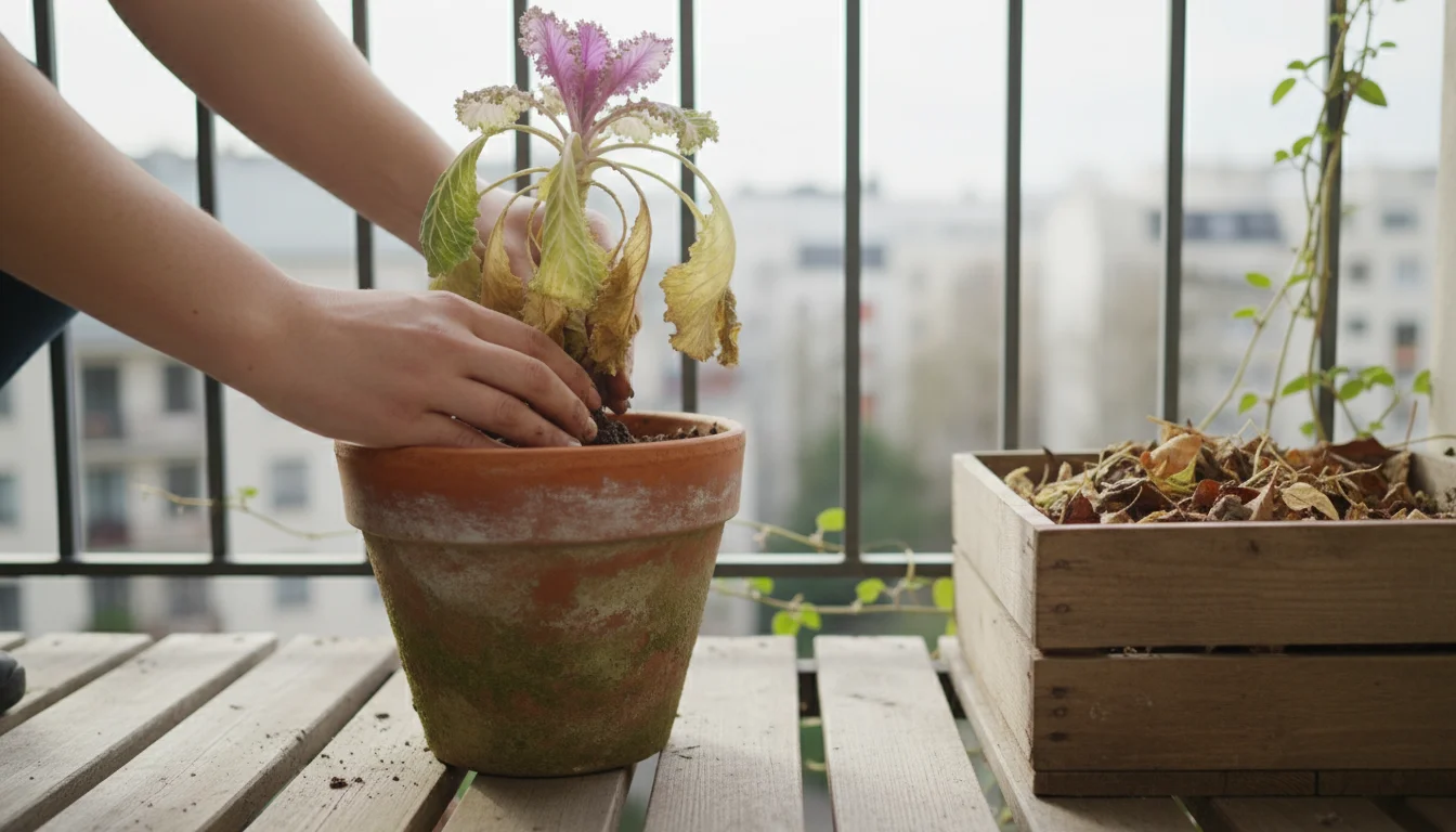 Person's hands gently pulling a faded ornamental kale plant from a terracotta pot, with a wooden compost caddy nearby on a balcony.