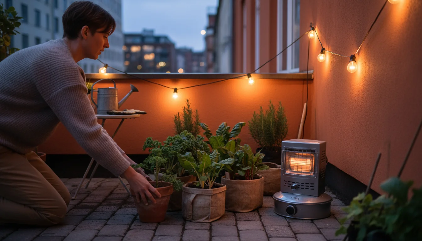 A person's hands quickly group small potted leafy green plants on a compact patio, partially covering some with a frost blanket as twilight falls.