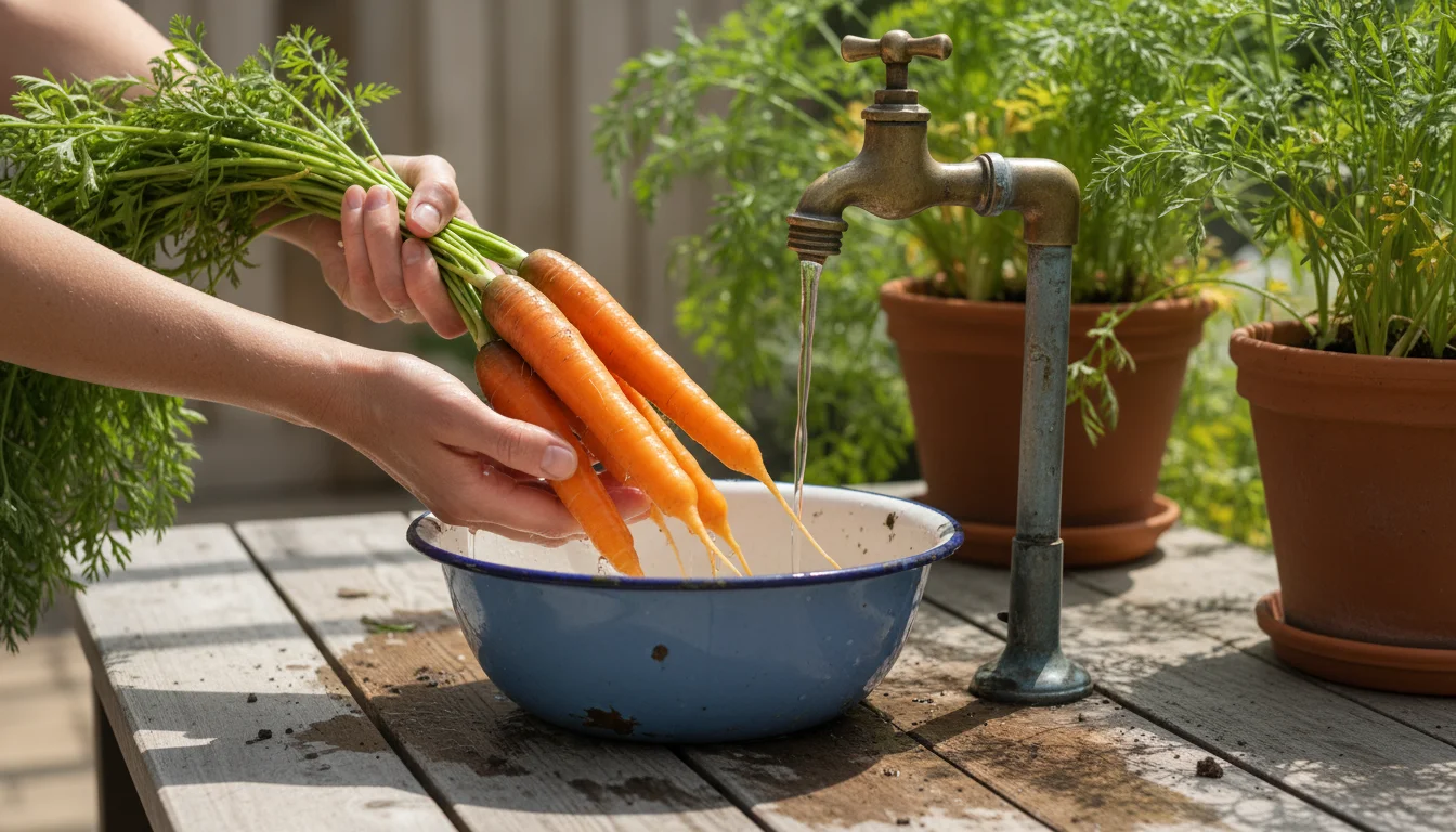 Person's hands rinse freshly harvested orange carrots on a patio table, with container gardens blurred in the background.