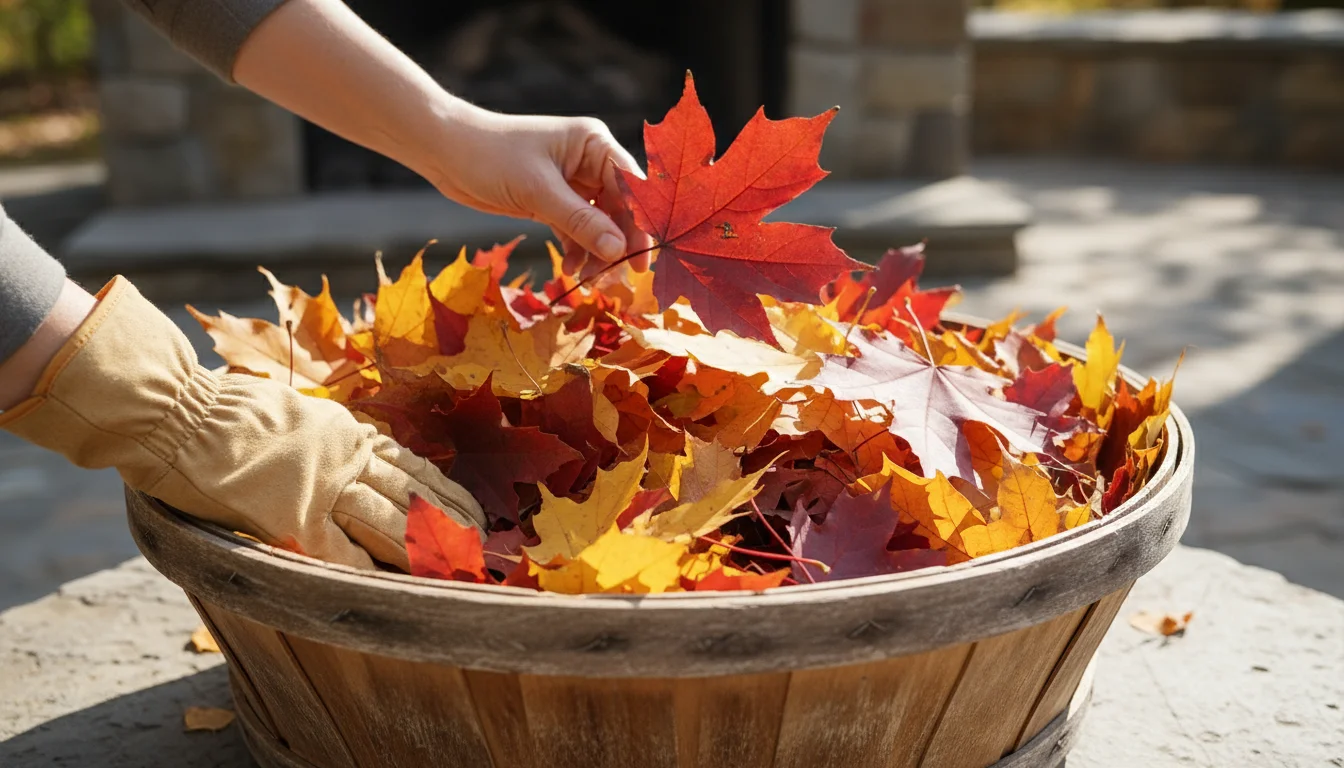 A person's hands sort through a rustic basket overflowing with colorful autumn leaves, selecting the best ones.