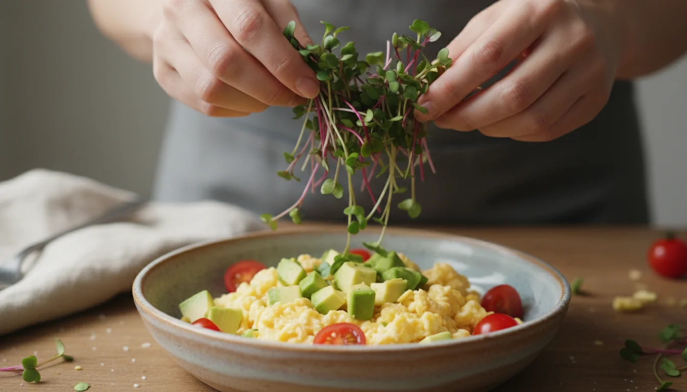 A person's hands sprinkle vibrant red and green microgreens over a bowl of scrambled eggs with avocado and tomatoes on a kitchen counter.
