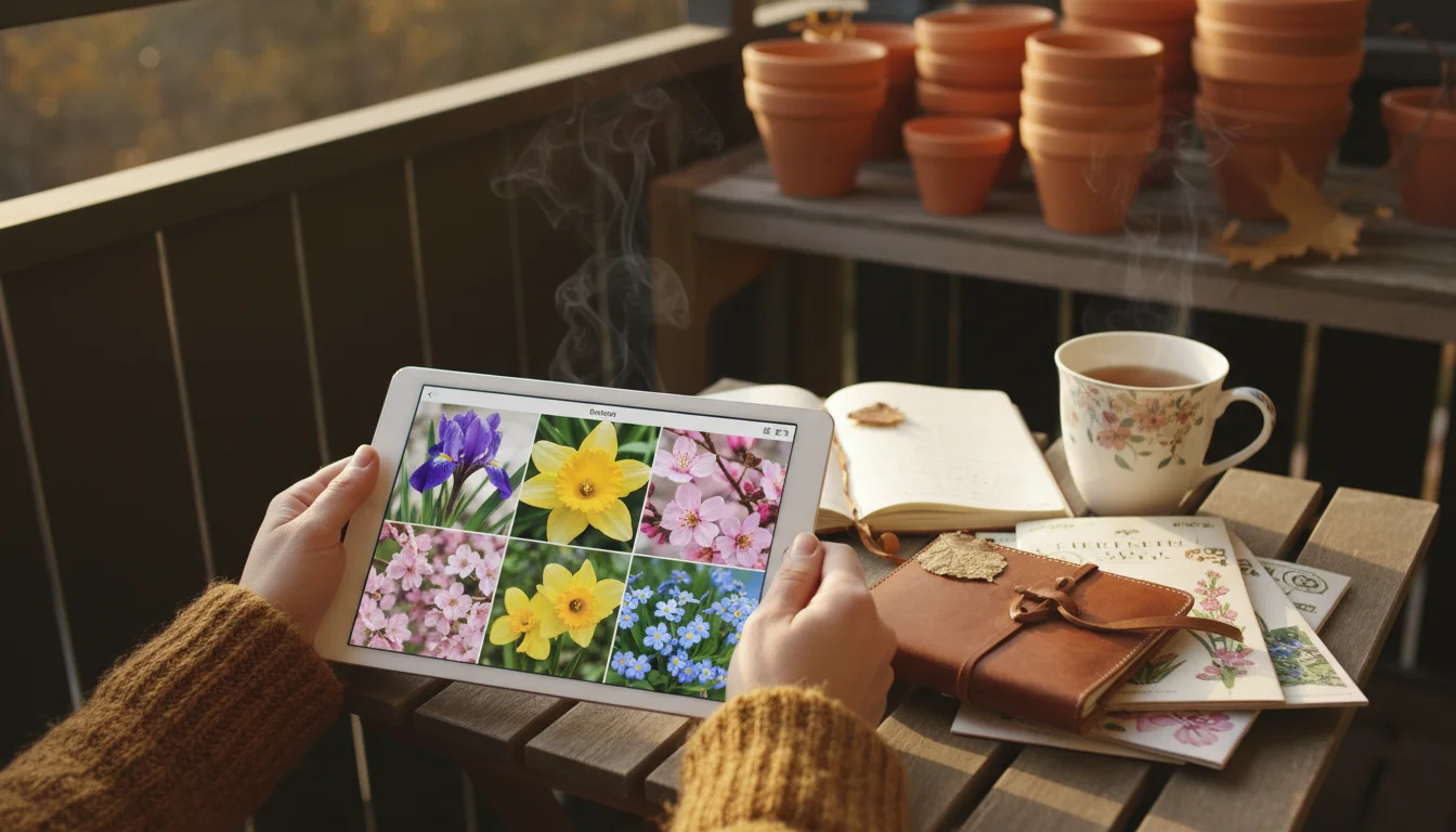 Person's hands on a table, reviewing spring plant options on a tablet next to a gardening journal and seed catalogs.