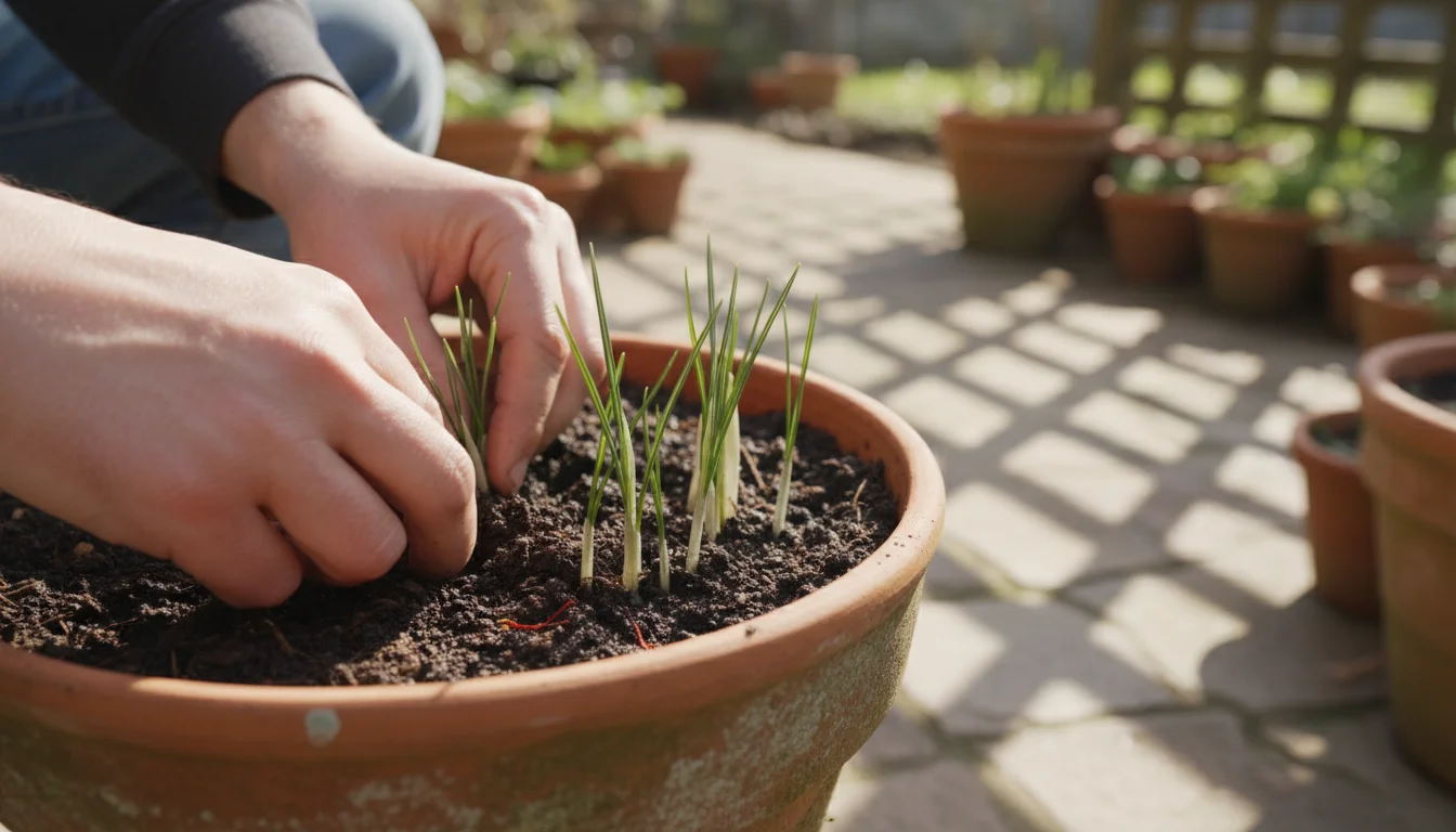Person's hands gently touching the soil in a terracotta pot with saffron crocus plants on a sunlit patio.